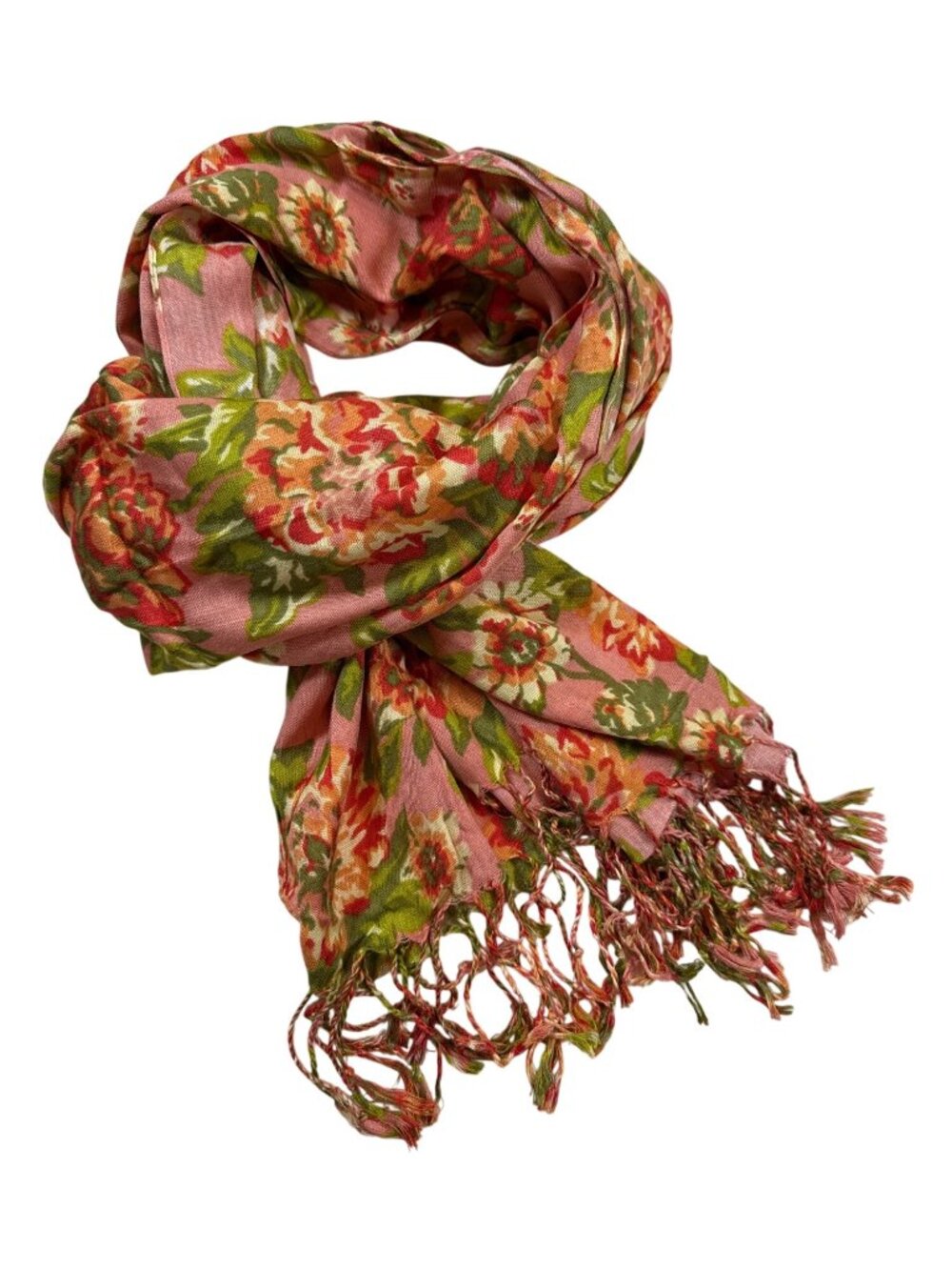 Floral Pink Scarf With Fringe Lightweight 80”x27" Accessory (CC1085)